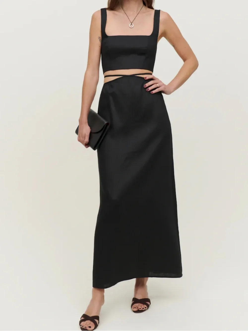Reformation Black Linen Two-Piece Maxi Skirt Set 4